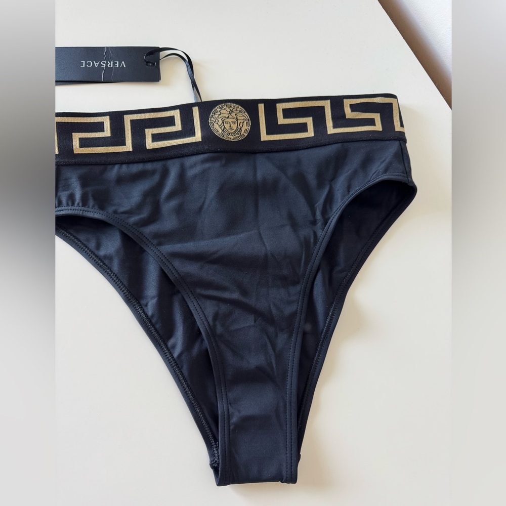 Versace Black Bikini Bottom with Gold Greek Key